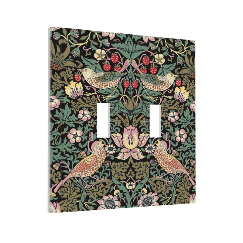 Morris Vintage Floral Strawberry Birds Botanical Double Toggle Light Switch Cover Decorative Olive 2 Gang Wall Plate Electrical Faceplate for Bathroom Home Living Room Decor 5 x 49 In