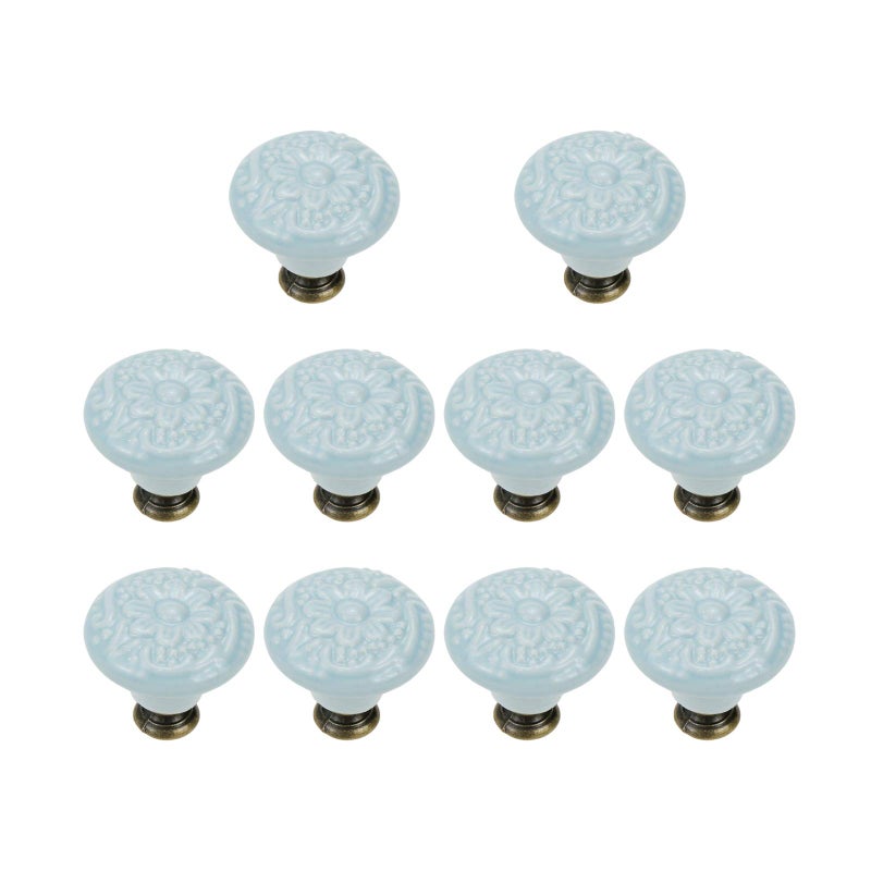 Geesatis 10 Pcs 14 Dia Floral Ceramic Cabinet Knobs Vintage Pull Knobs for Kitchen Home Door wit Mounting Screws Sky Blue