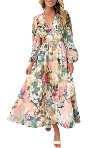 Maxigerui Women's Long Sleeve Floral Maxi Dress Summer Wedding Guest Dress Green Floral M - Image 1