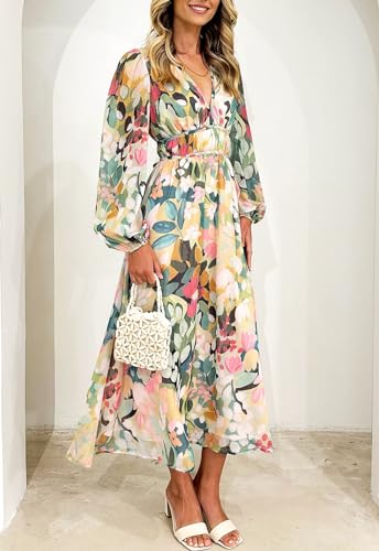 Maxigerui Women's Long Sleeve Floral Maxi Dress Summer Wedding Guest Dress Green Floral M - Image 4