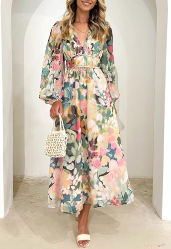 Maxigerui Women's Long Sleeve Floral Maxi Dress Summer Wedding Guest Dress Green Floral M - Image 5