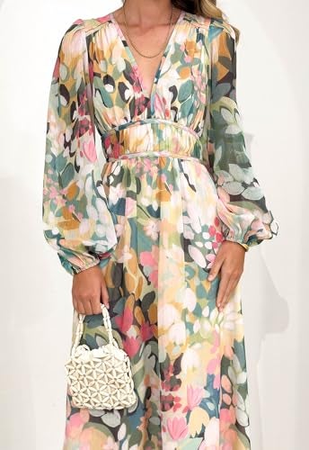 Maxigerui Women's Long Sleeve Floral Maxi Dress Summer Wedding Guest Dress Green Floral M - Image 2