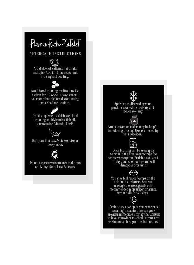 Lashicorn PRP Platelet Rich Plasma Aftercare Instructions Card | 50 Pack | 2x3.5” inches Business Card | PRP Supplies | Black with White Icons Design - Image 2