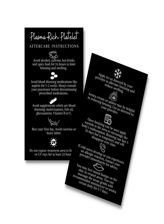 Lashicorn PRP Platelet Rich Plasma Aftercare Instructions Card | 50 Pack | 2x3.5” inches Business Card | PRP Supplies | Black with White Icons Design - Image 1