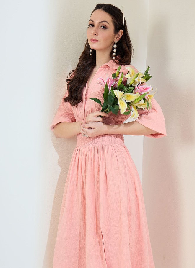 StyleStone فستان قميص بتصميم ذاتي وردي من ستايل ستون بأكمام متدرجة وفتحات جانبية - Image 1