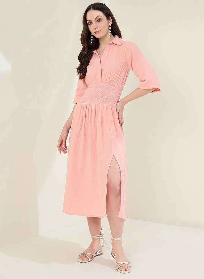 StyleStone فستان قميص بتصميم ذاتي وردي من ستايل ستون بأكمام متدرجة وفتحات جانبية - Image 2