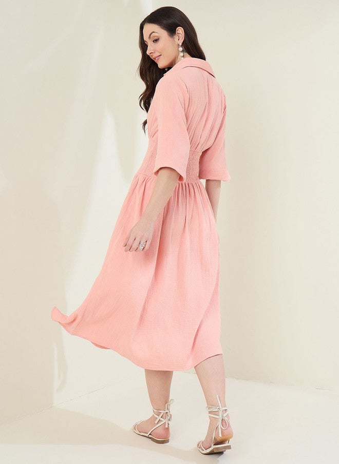 StyleStone فستان قميص بتصميم ذاتي وردي من ستايل ستون بأكمام متدرجة وفتحات جانبية - Image 5