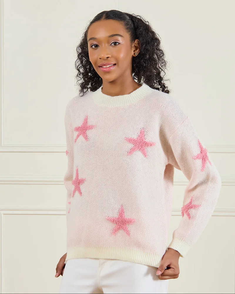 ردتاغ Senior Girls Ivory Printed Pullover