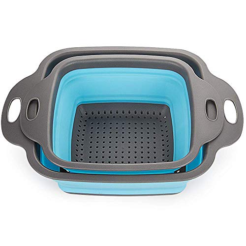 we3 Set of 2 pcs Foldable Silicone Colander Fruit Vegetable Washing Basket Strainer Collapsible Drainer with Handle Kitchen Tool. (Blue) - Image 3
