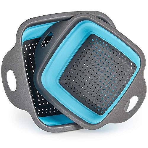 we3 Set of 2 pcs Foldable Silicone Colander Fruit Vegetable Washing Basket Strainer Collapsible Drainer with Handle Kitchen Tool. (Blue) - Image 1