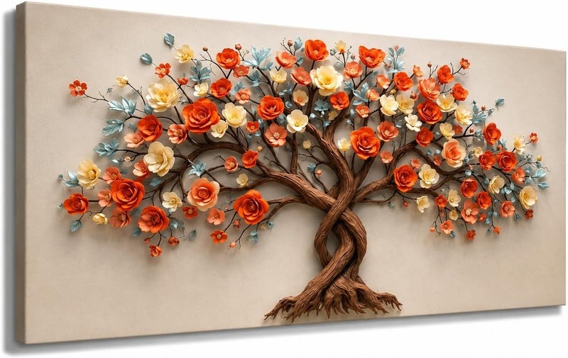 Ars Canvas Wall Art 3D Effect Painting Modern Artwork Orange And Cream Blossom Flowers Canvas Print Stretched Framed Wooden Panel For Living Room Home Decor