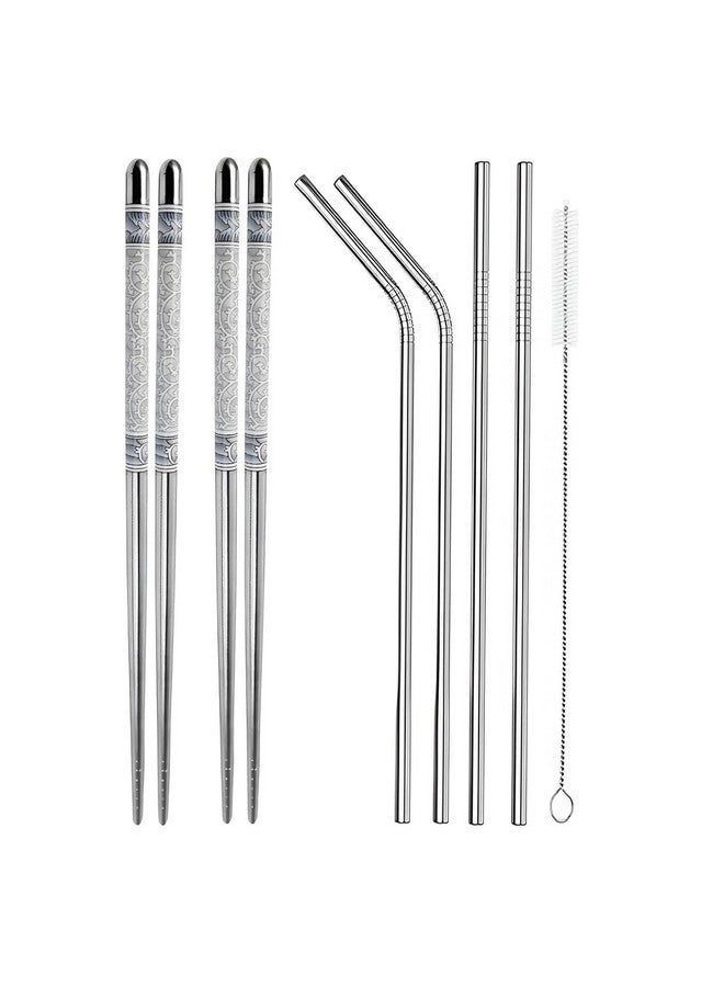 PUTHAK عيدان تناول الطعام من الفولاذ المقاوم للصدأ الصينية والكورية واليابانية والفيتنامية - 2 زوج، 2 قشة مستقيمة، 2 قشة منحنية، 1 فرشاة تنظيف - Image 1