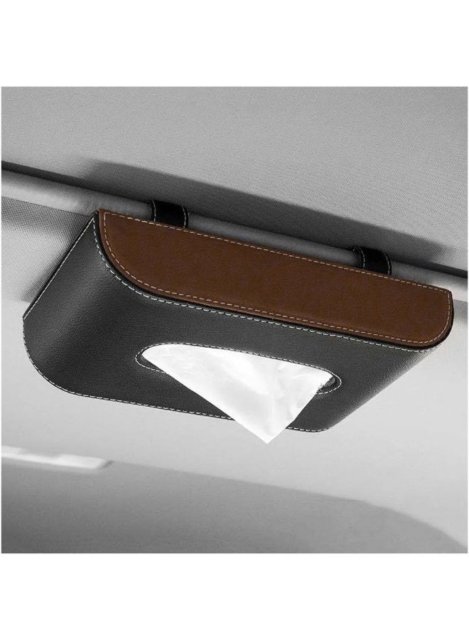 Soofam Car Tissue Holder, Leather Sun Visor Napkin Dispenser, Rectangular Paper Carton Mask Holder with Tissue Refill, Universal Car Accessories for Hanging Paper Towel Clip (Black&Brown) - Image 1