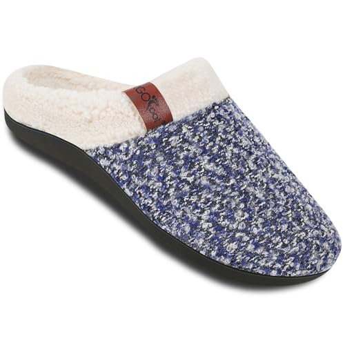 ERGOfoot Orthopedic Slippers with Arch Support, Slip-On Knit Soft Sherpa Lining House Slipper, Plantar Fasciitis Relief, Orthotic House Shoes with Indoor Outdoor Anti-Skid Rubber Sole/Blue - Image 1