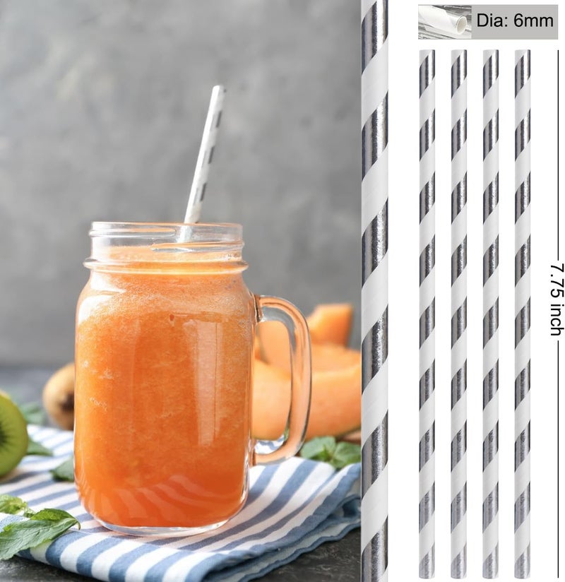 ALINK 100 Counts Stripe Paper Straws (Silver Stripe) - Image 2