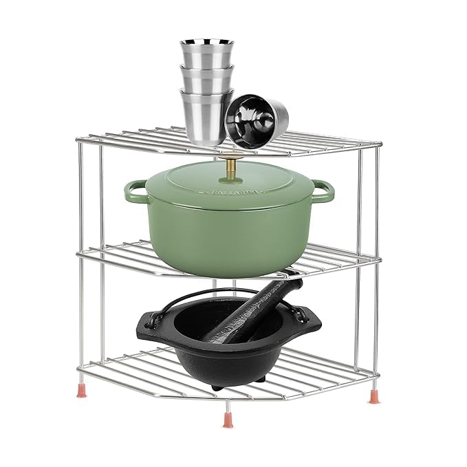 Cri8Hub Stainless Steel Corner Shelf for Kitchen, Storage Shelf Rack, Dish Rack for Kitchen, Corner Rack for Kitchen, Plates Bowls and Cups Rack, Countertop Rack(Corner Stand) - Image 1