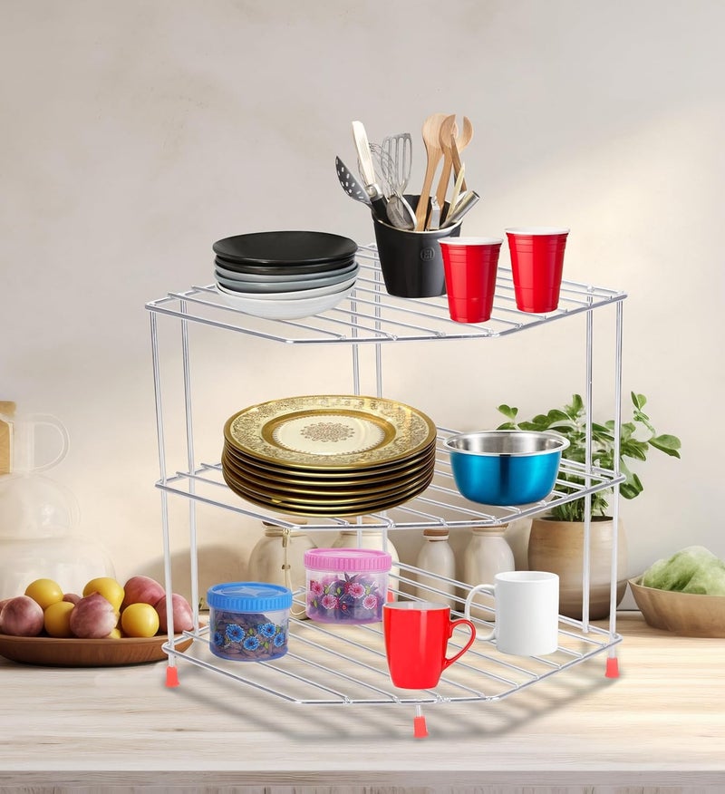 Cri8Hub Stainless Steel Corner Shelf for Kitchen, Storage Shelf Rack, Dish Rack for Kitchen, Corner Rack for Kitchen, Plates Bowls and Cups Rack, Countertop Rack(Corner Stand) - Image 4