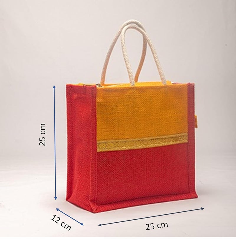 SOMAN Jute Ecofriendly Return Gift Bags with Zip Golden Yellow Red Combo Pack of 10 Bags - Image 2