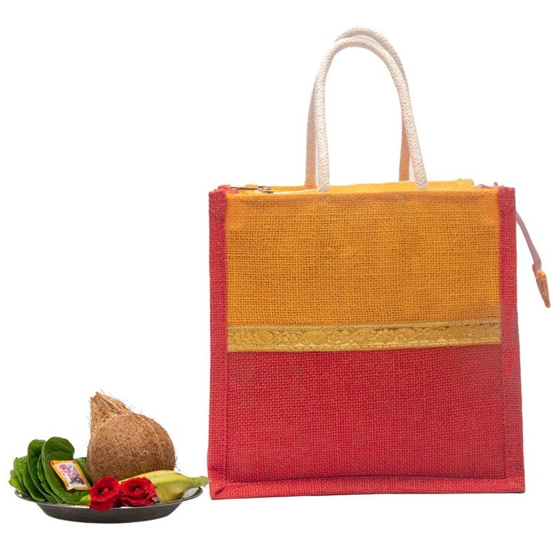 SOMAN Jute Ecofriendly Return Gift Bags with Zip Golden Yellow Red Combo Pack of 10 Bags - Image 4