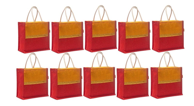 SOMAN Jute Ecofriendly Return Gift Bags with Zip Golden Yellow Red Combo Pack of 10 Bags - Image 1