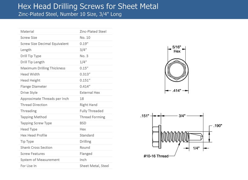 Strong-Point #10 x 3/4'' Hex Washer Head Self-Drilling Tek Screw Zinc Plated Steel for Attaches Sheet Metal Steel or Steel to Metal - Box of 100 - Image 2