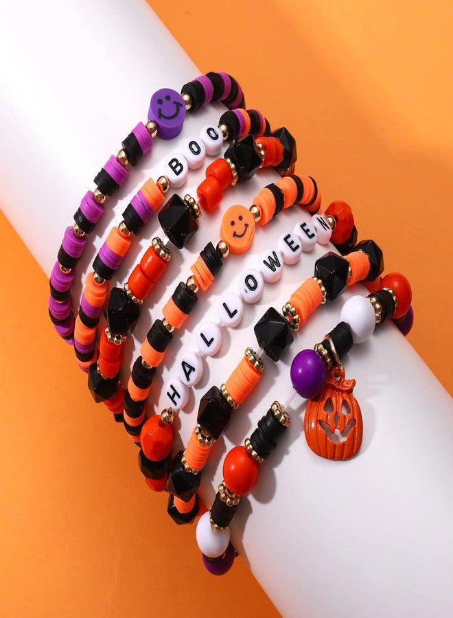 boderier Halloween Bracelet Set Stack Orange Beaded Stretch Bracelet Halloween Costume Jewelry Bracelet Gifts for Women (Halloween BOO 7pcs) - Image 2