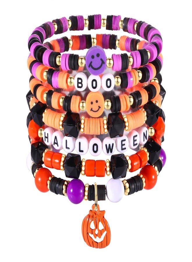 boderier Halloween Bracelet Set Stack Orange Beaded Stretch Bracelet Halloween Costume Jewelry Bracelet Gifts for Women (Halloween BOO 7pcs) - Image 1