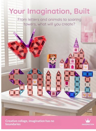 magnetic tiles building block toys set featuring magnetic tiles, magnetic cubes, and a creative pink castle scene. Magnetic 3D building block construction game board – STEM educational toy, suitable for boys and girls aged 3 and above. Perfect for holiday gifts. - view 3
