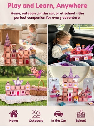 magnetic tiles building block toys set featuring magnetic tiles, magnetic cubes, and a creative pink castle scene. Magnetic 3D building block construction game board – STEM educational toy, suitable for boys and girls aged 3 and above. Perfect for holiday gifts. - view 5