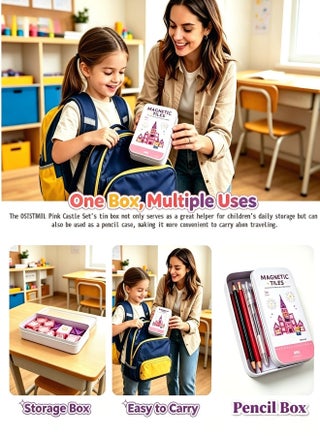 magnetic tiles building block toys set featuring magnetic tiles, magnetic cubes, and a creative pink castle scene. Magnetic 3D building block construction game board – STEM educational toy, suitable for boys and girls aged 3 and above. Perfect for holiday gifts. - view 4