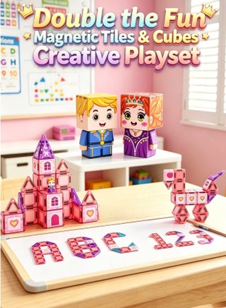 magnetic tiles building block toys set featuring magnetic tiles, magnetic cubes, and a creative pink castle scene. Magnetic 3D building block construction game board – STEM educational toy, suitable for boys and girls aged 3 and above. Perfect for holiday gifts. - view 2