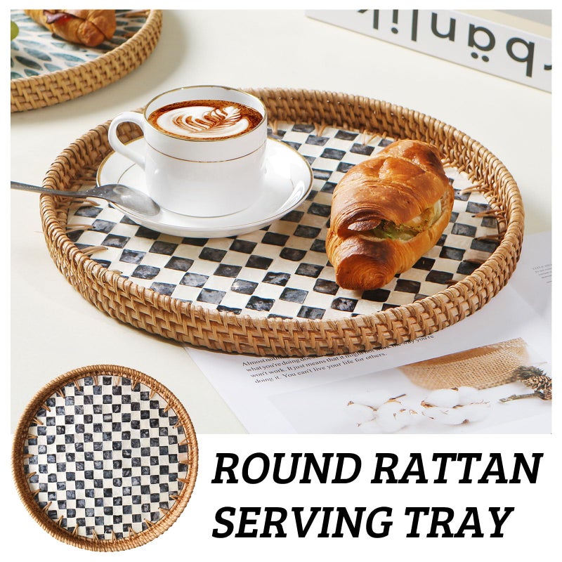 Aayoruro Round Rattan Tray with Mother of Pearl Inlay, Decorative Wicker Serving Tray with Wooden Base, Woven Basket Trays for Bread Fruits Coffee, Checkered - Image 4
