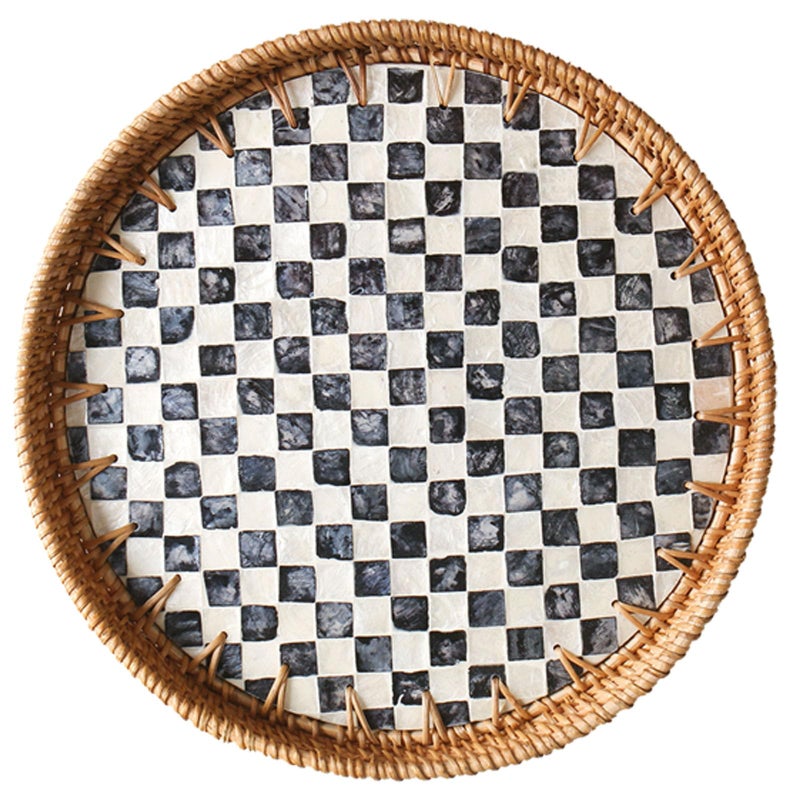 Aayoruro Round Rattan Tray with Mother of Pearl Inlay, Decorative Wicker Serving Tray with Wooden Base, Woven Basket Trays for Bread Fruits Coffee, Checkered - Image 1