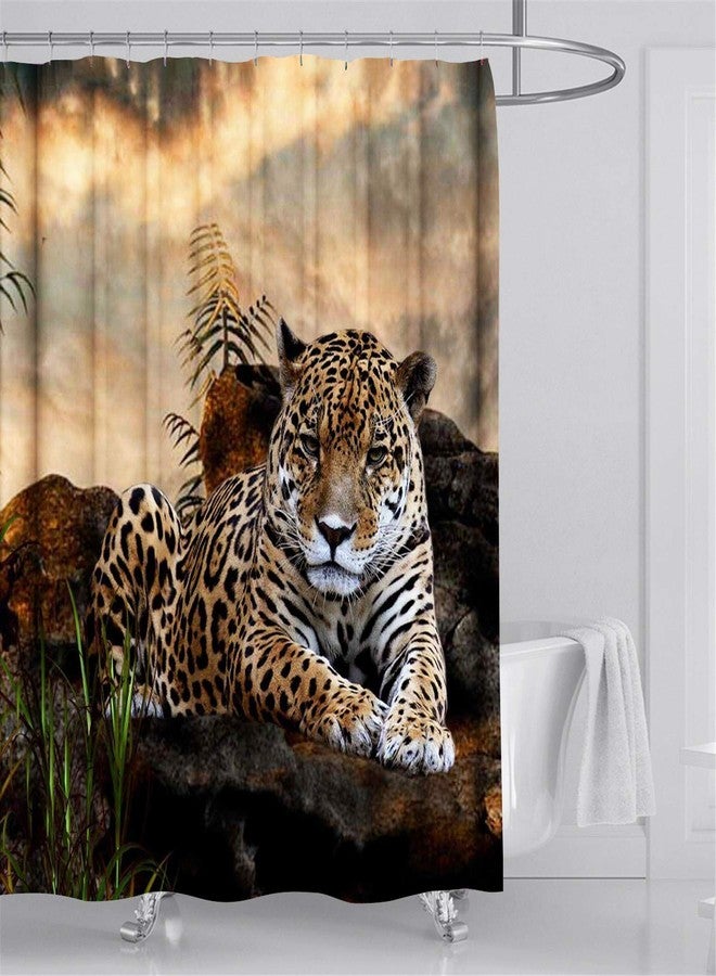BBSET African Animal Safari Leopard Wildlife Fabric Shower Curtain Sets Bathroom Decor with Hooks Waterproof Washable 71 x 71 inches Brown Black Green - Image 2