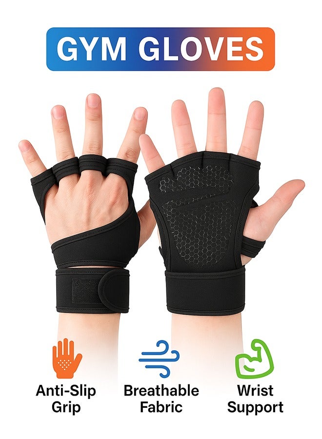 قفازات الصالة الرياضية، للتنفس بقبضة قوية وحماية راحة اليد للرجال والنساء مثالية للجيم والتدريب المتقاطع وركوب الدراجات ورفع الأثقال - أسود - Image 1