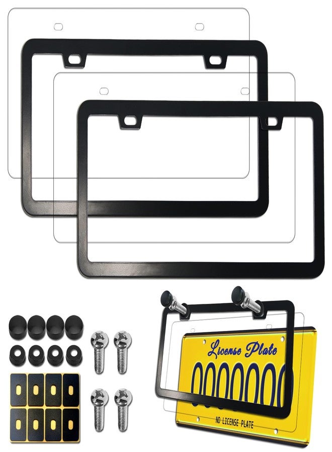 Aootf License Plate Frames Covers - Stainless Steel Black Car Tag Holder and Clear Flat Shield, Unbreakable Front Rear Protector with Screws Caps, 2 Sets - Image 1