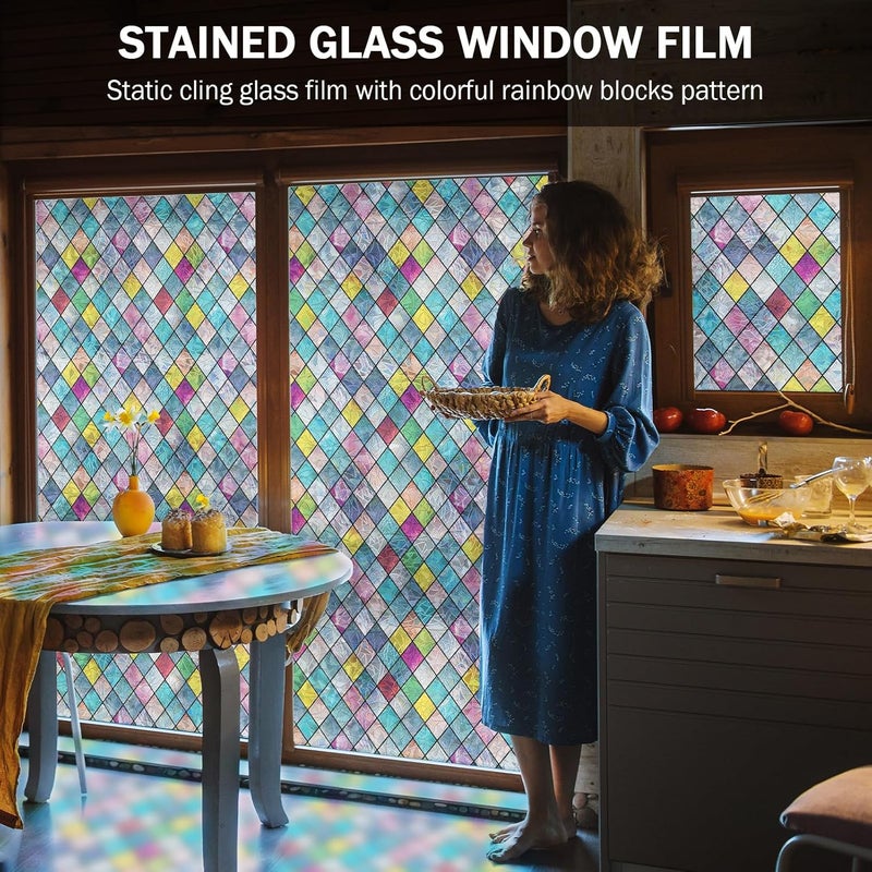 FEOMOS Stained Glass Window Film, Window Privacy Films, Colorful Lattice Window Tint, Rainbow Glass Decals Stickers for Home Anti UV 11.8x157.4 inches - Image 2
