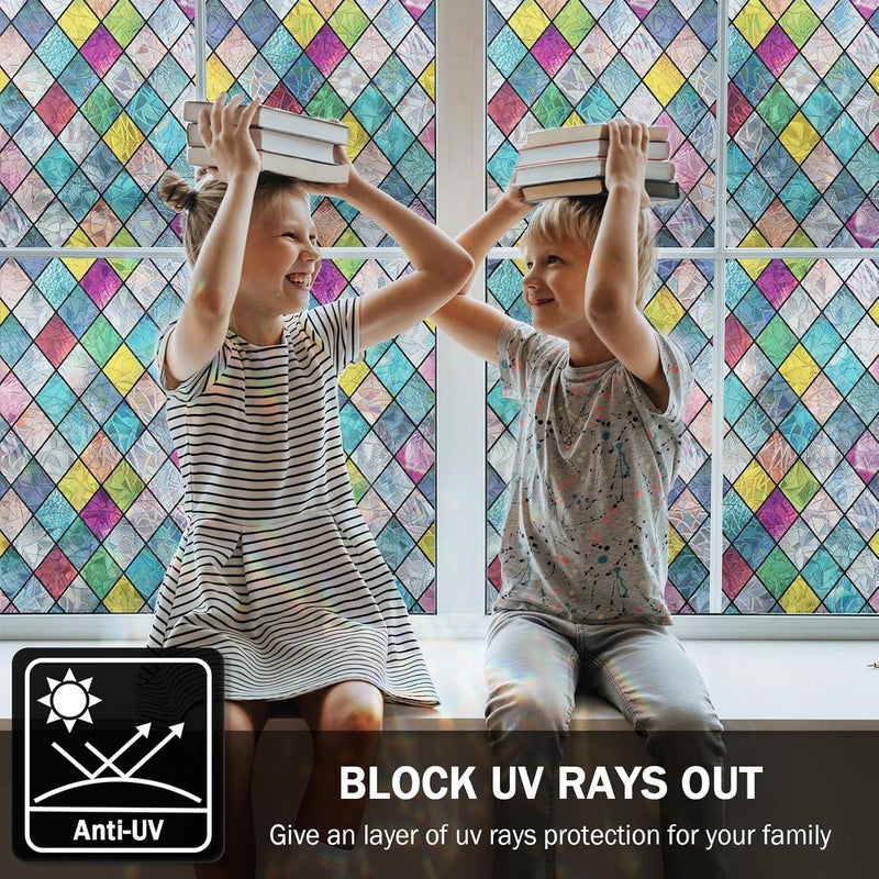 FEOMOS Stained Glass Window Film, Window Privacy Films, Colorful Lattice Window Tint, Rainbow Glass Decals Stickers for Home Anti UV 11.8x157.4 inches - Image 4