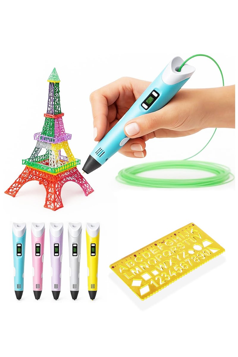 قلم طباعة ثلاثية الأبعاد مع شاشة LCD - يتضمن 3 ألوان من خيوط PLA وخط توجيه ومحول (قالب إضافي للوحة ثلاثية الأبعاد لتعليم الأطفال) - Image 1