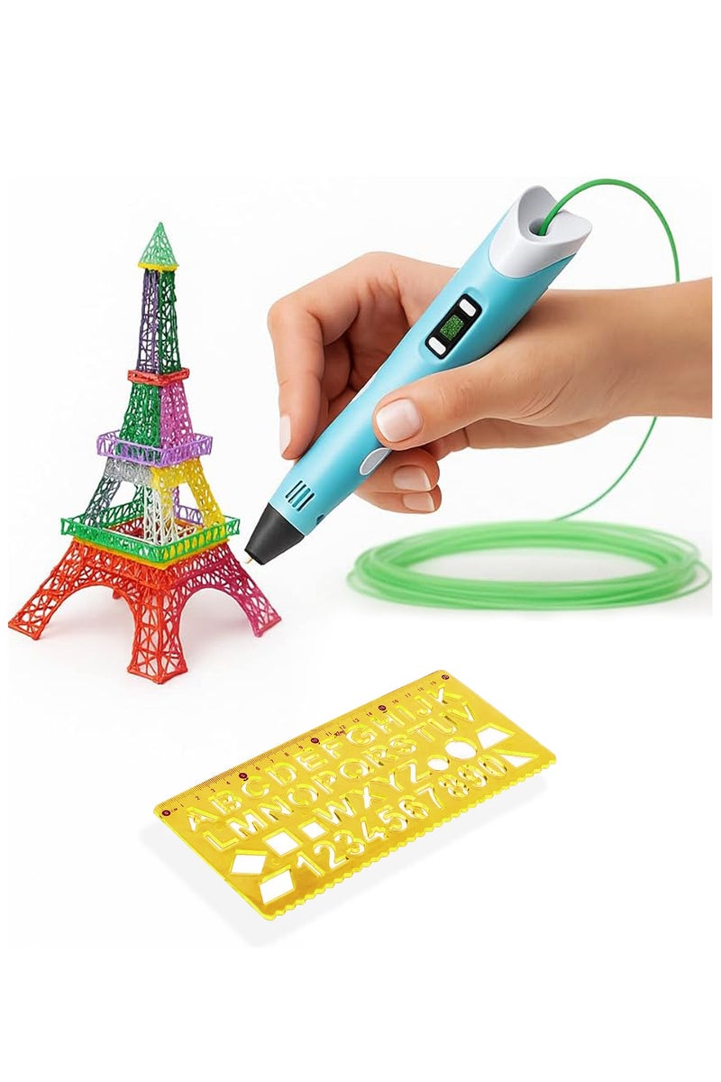 قلم طباعة ثلاثية الأبعاد مع شاشة LCD - يتضمن 3 ألوان من خيوط PLA وخط توجيه ومحول (قالب إضافي للوحة ثلاثية الأبعاد لتعليم الأطفال) - Image 3