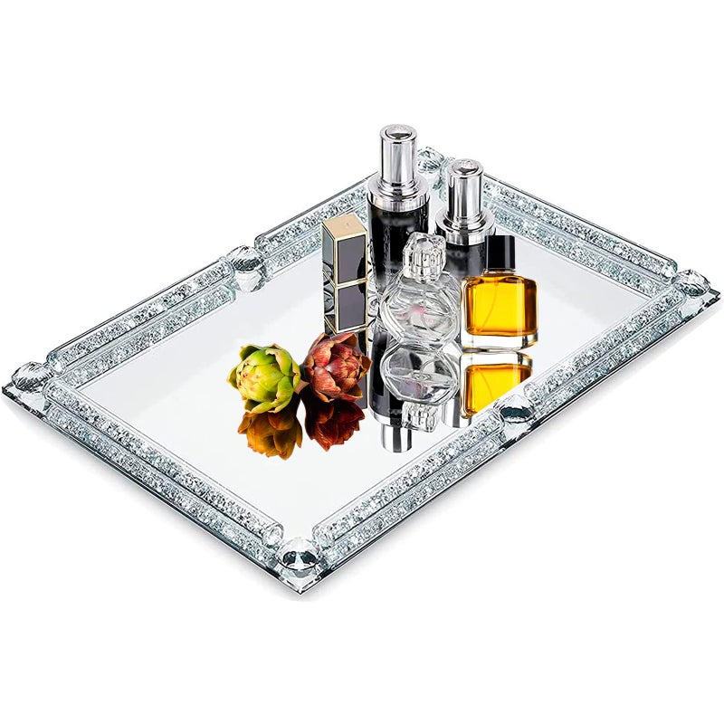 LFGKeng Crystal Glass Tray Modern Mirror Jewelry Dresser Trinket Trays with Crushed Diamond 118 x 79Rectangular Makeup Perfume Tray for Bathroom Bedroom Home Decor Hotel Banquet PartySilver