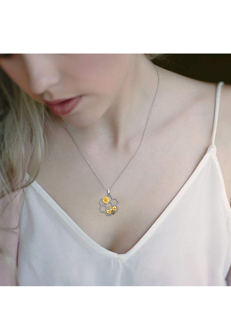 Luckam Bee Necklace, Sterling Silver Cute Animal Honeycomb Bumble Bee Necklace Geometric Honey Bee Pendant Necklace with Sunflower Jewellery Gifts for Women Girls - Image 3