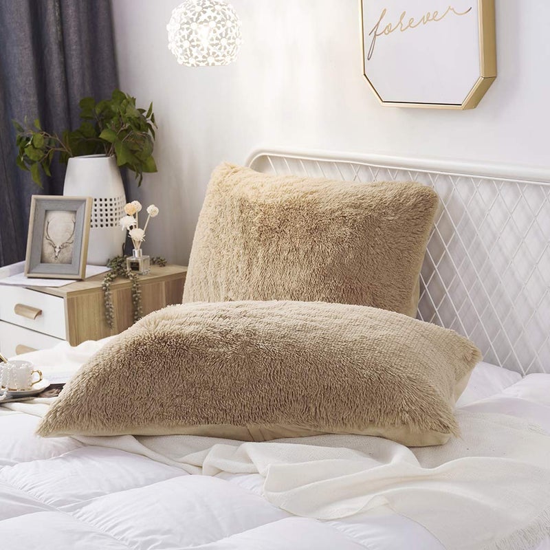 Uhamho Set of 2 Standard Pillowcases Faux Fur Throw Pillow Covers Queen Size Shams Soft Velvet Decorative Zipper Closure Camel 20x26