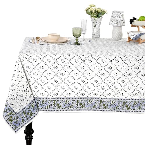 Ridhi Blue Block Print Table Cloths 100 Cotton 60 Inch x 60 Inch Decorative Washable Rectangle Tablecloth Table Cloth Dining Kitchen Parties Camping Faience SpringSummer - Image 1