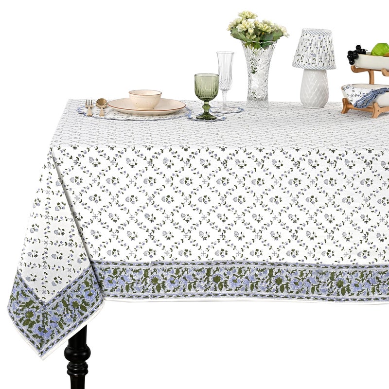 Ridhi Blue Block Print Table Cloths 100 Cotton 60 Inch x 60 Inch Decorative Washable Rectangle Tablecloth Table Cloth Dining Kitchen Parties Camping Faience SpringSummer - Image 2