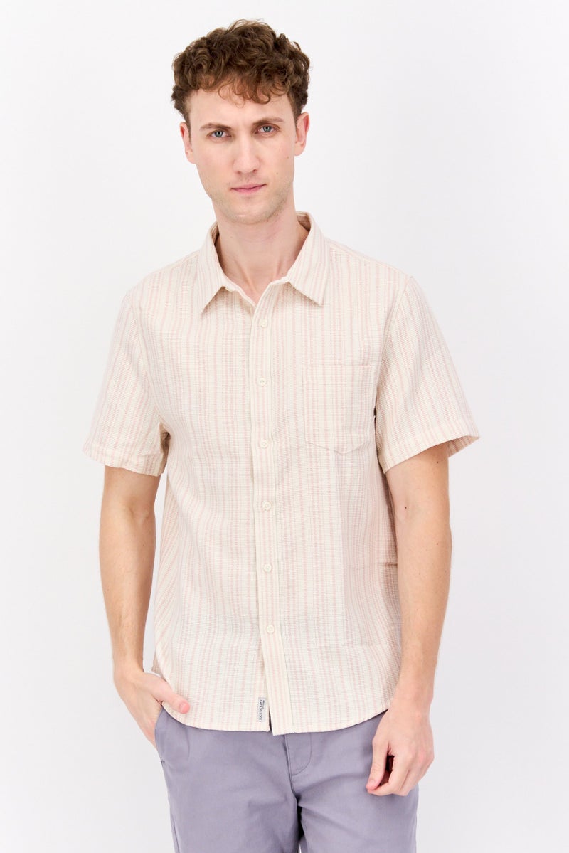Original Paperbacks Men Regular Fit Stripe Short Sleeve Casual Shirt, Beige - Image 1