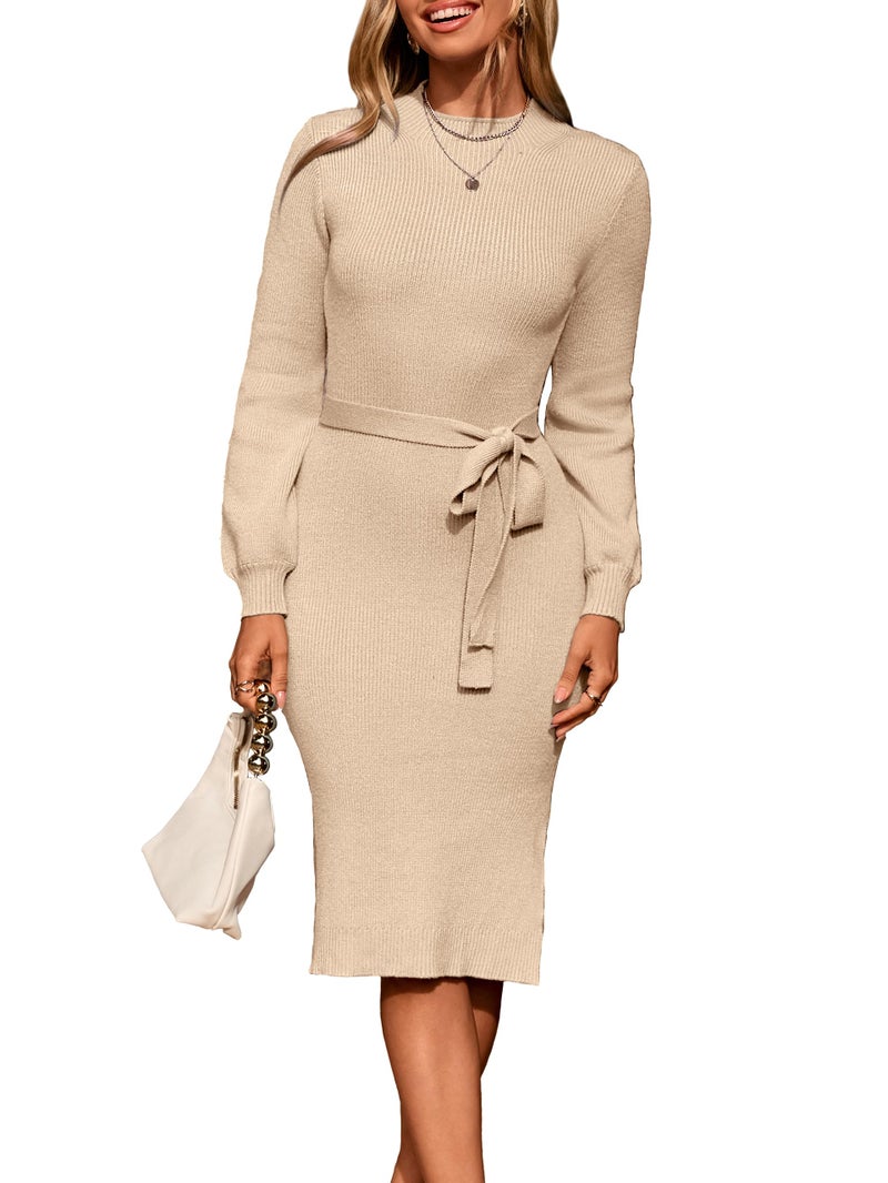 Simplee Womens Long Sleeve Sweater Dress Ribbed Knit Bodycon Fall Slim Fit Slit Tie Waist Midi Dresses with Belt(Apricot,Large) - Image 1