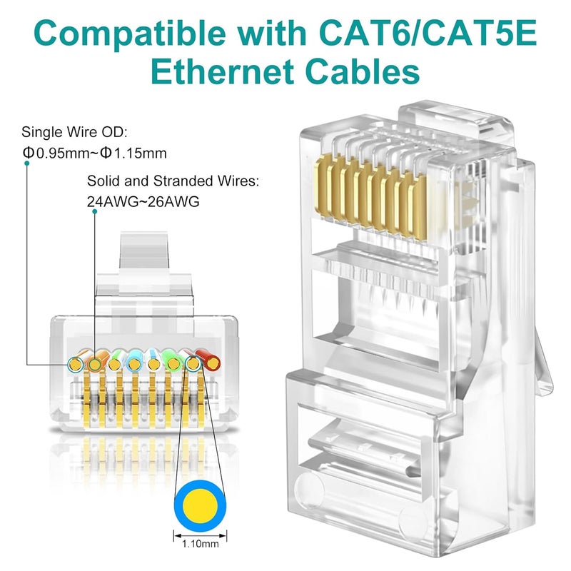 Brileine بريلين 100-قطعة موصلات RJ45 ممر كات 6 مع غطاء حذاء RJ45 (موصل كات 6/ موصل كات 5e/ نهايات إيثرنت/ نهايات كات 6/ مقابس معيارية RJ45) لكابل UTP صلب أو مجدول - Image 3