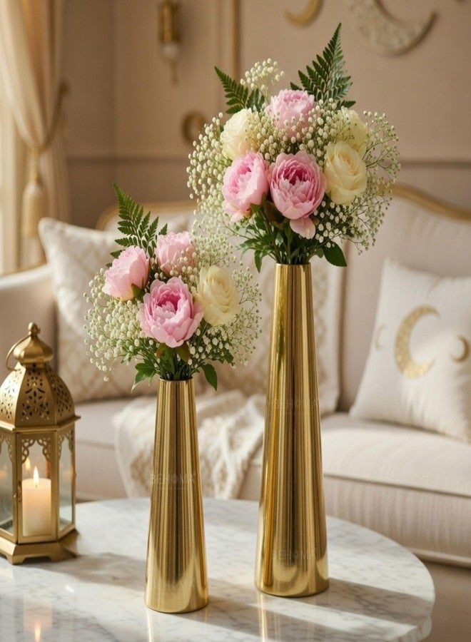 BEHOMA Golden Metal Slim Cone Flower Vase for Home Décor, Bedroom, Living Room, Office | Table Decorative Item for Festivals, Birthday, Wedding Decoration | Set of 2 (8" & 10.6") (Flower Not Included) - Image 1