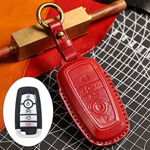 EASYANT for Ford Key Fob Cover, Leather Car Key Fob Case for Ford F-150 Mustang Smart Key Keyless Entry 5 Buttons Red - Image 3